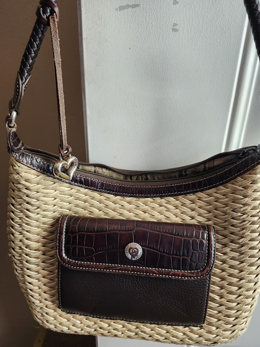 BRIGHTON Straw Woven Shoulder Bag with Dark Brown Leather Trim